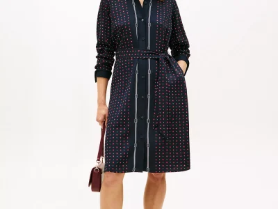 Fluid Crepe Belted Shirtdress-Navy Blue