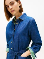 Belted Denim Midi Shirtdress-Dark Wash - Image 2