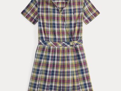 Plaid Cotton Wrap Dress-Yellow/Berry/Navy