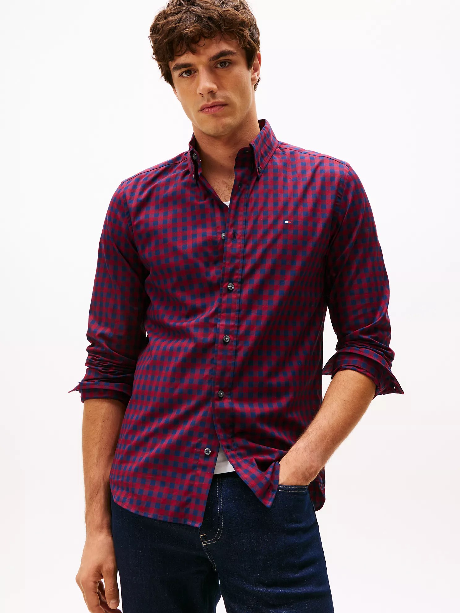 photo_6142932329102511399_w Regular Fit Check Print All-Day Shirt-Rouge - Image 1