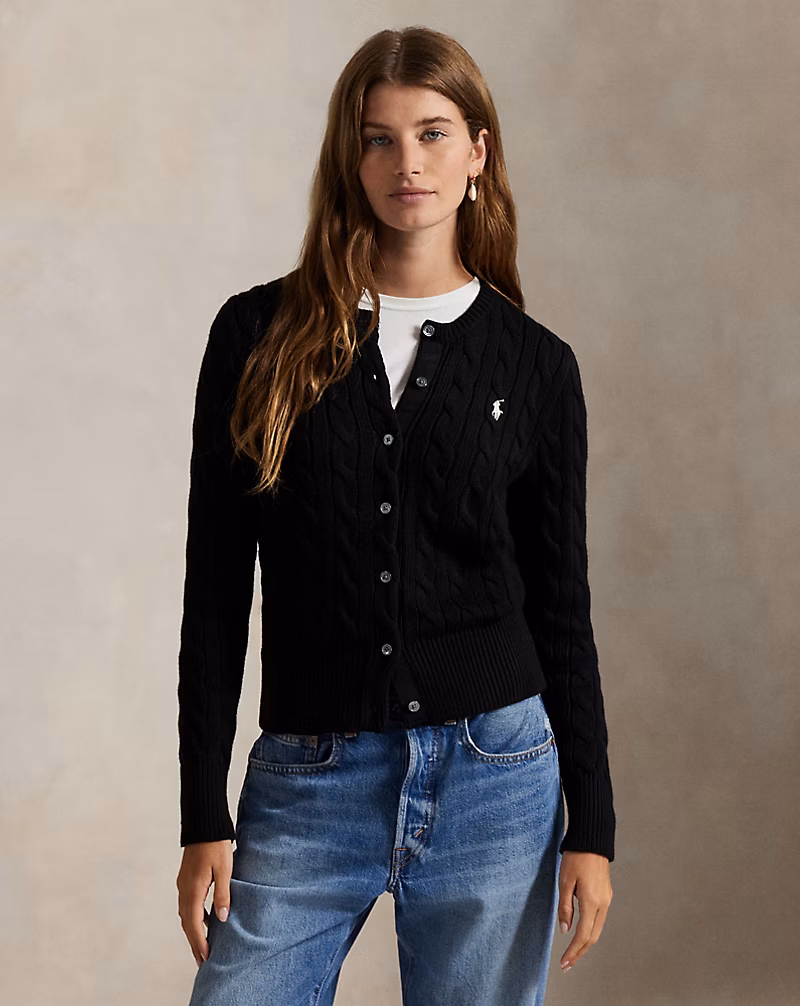 s7-AI211971868016_alternate10 Cable-Knit Cotton Crewneck Cardigan-Polo Black - Image 1