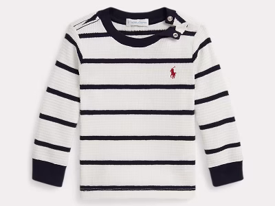 Striped Waffle Cotton Long-Sleeve Tee-Trophy Cream/RL Navy