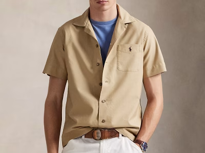 Classic Fit Oxford Camp Shirt-Coastal Beige