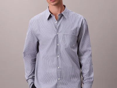 Stripe Poplin Relaxed Button-Down Shirt-Dusty Sailor Blue