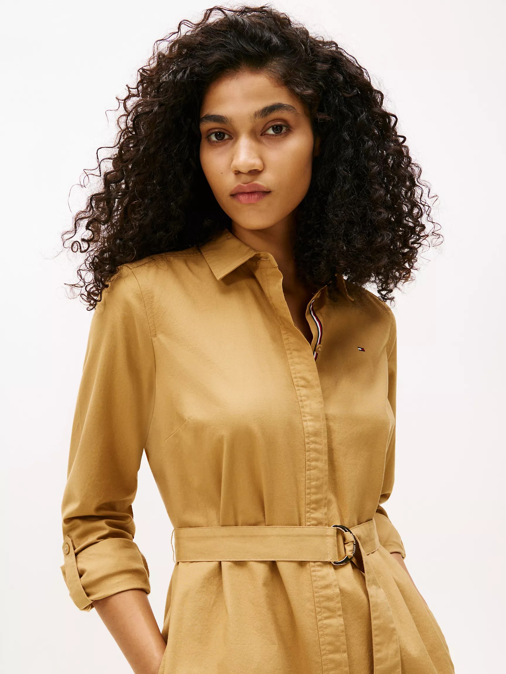 Long-Sleeve Belted Oxford Shirtdress-Classic Khaki - Image 2