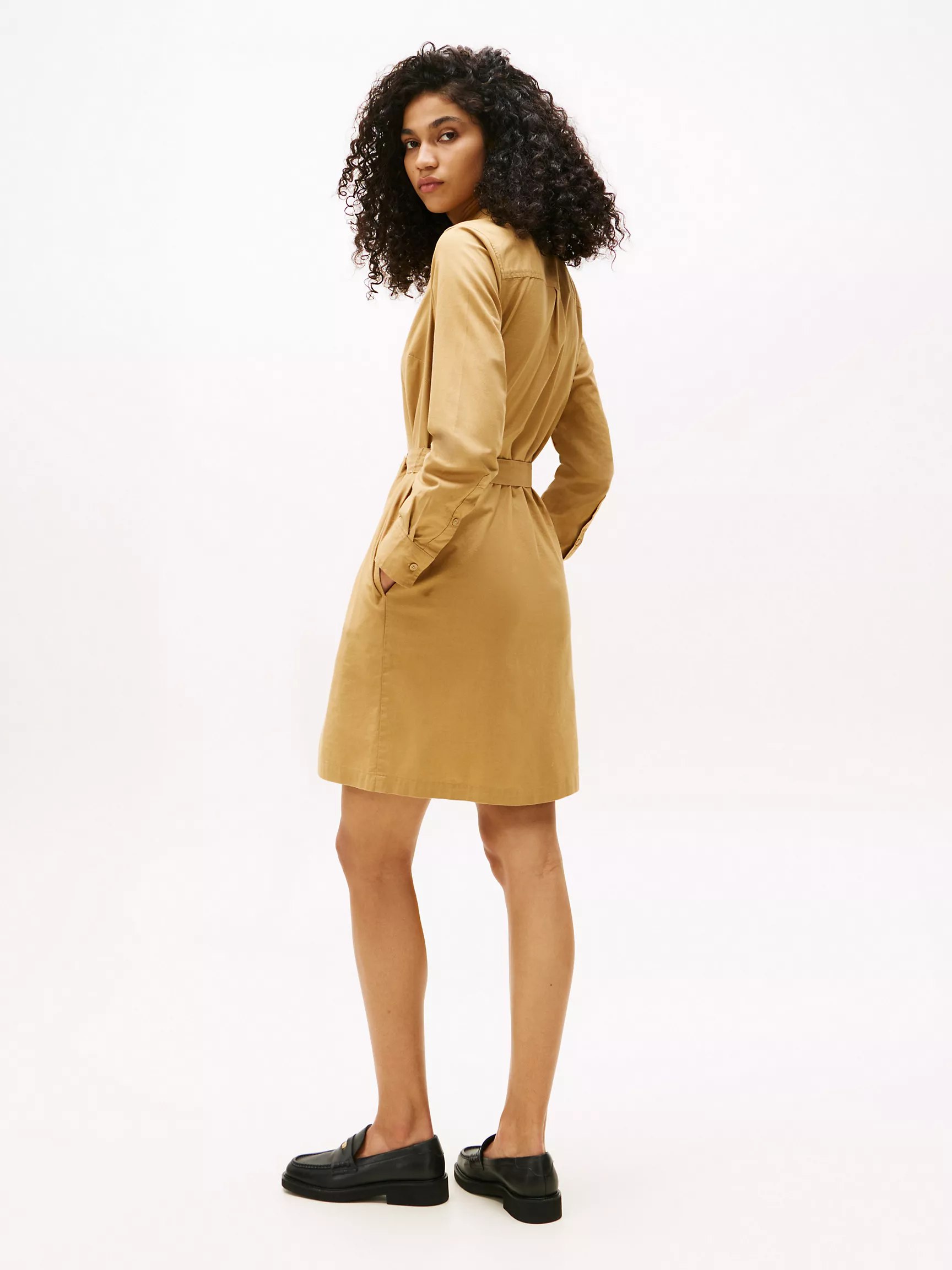 Long-Sleeve Belted Oxford Shirtdress-Classic Khaki - Image 3