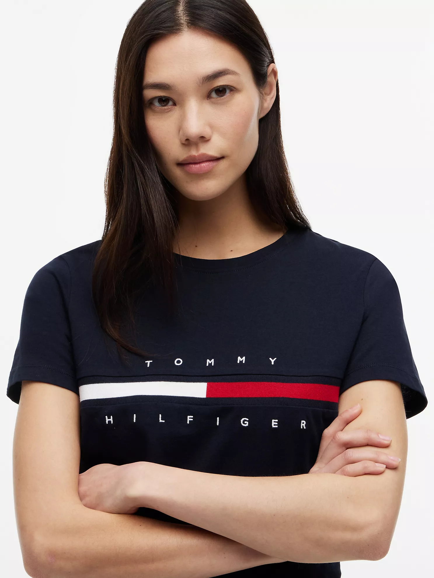 READYSTOCK WOMEN EMBROIDERED FLAG STRIPE LOGO T-SHIRT - Navy #76J1635 - Image 4