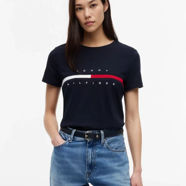 WOMEN EMBROIDERED FLAG STRIPE LOGO T-SHIRT – Navy #76J1635