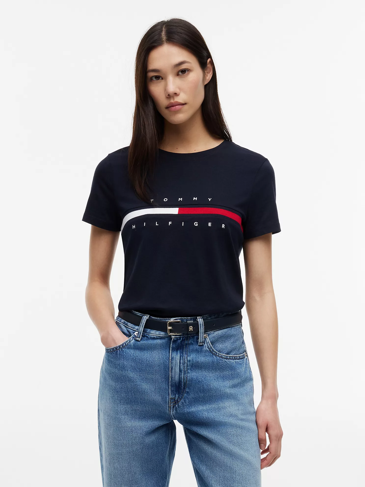 READYSTOCK WOMEN EMBROIDERED FLAG STRIPE LOGO T-SHIRT - Navy #76J1635