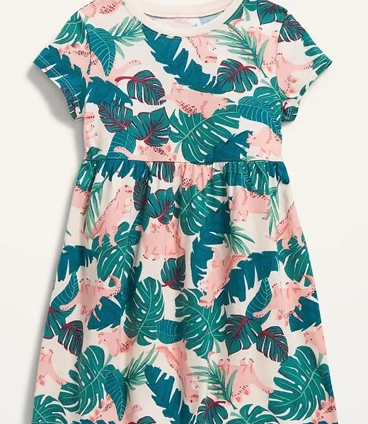 Floral Dino Dress Toddler Girls – pink/green