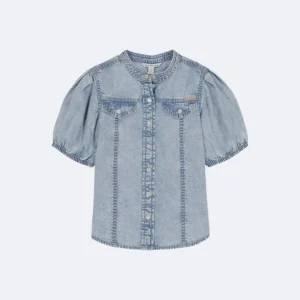 Girls Denim Button-Down Shirt-Aqua Spray/Arbon Blue