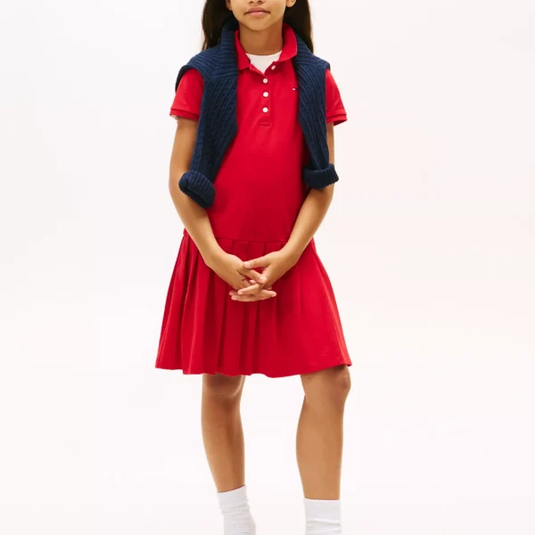 Kids’ Pleated Stretch Polo Dress Girls-Primary Red