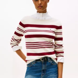 Stripe Boatneck Rib-Knit Sweater- Dark Beige