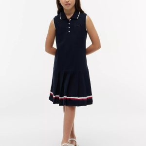 Kids' Sleeveless Pleated Polo Dress-Navy