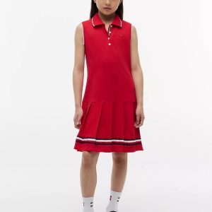 Kids' Sleeveless Pleated Polo Dress-Primary Red