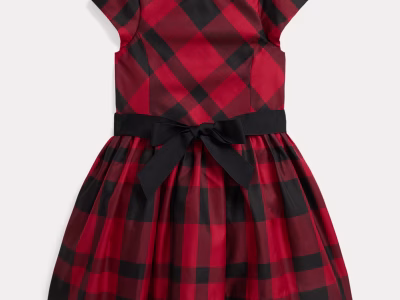 Plaid Taffeta Dress Toddler Girls-Red/Black