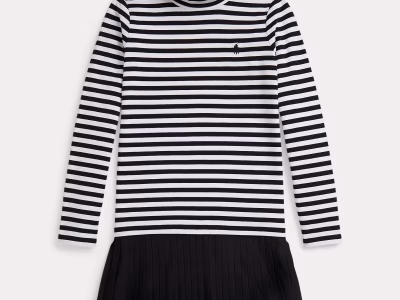 Striped Stretch Jersey Turtleneck Dress Toddler/Kid Girls-Polo Black/White