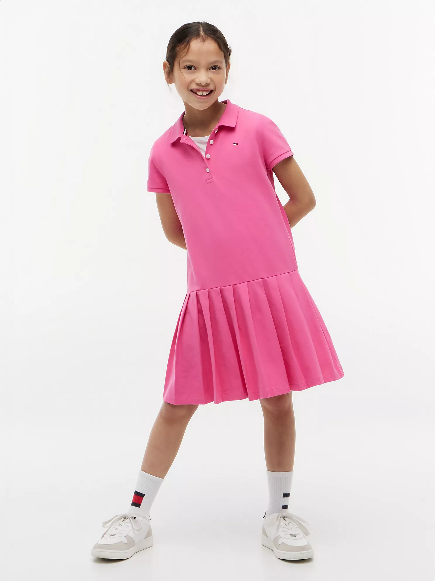 Kids' Pleated Stretch Polo Dress-Radiant Pink