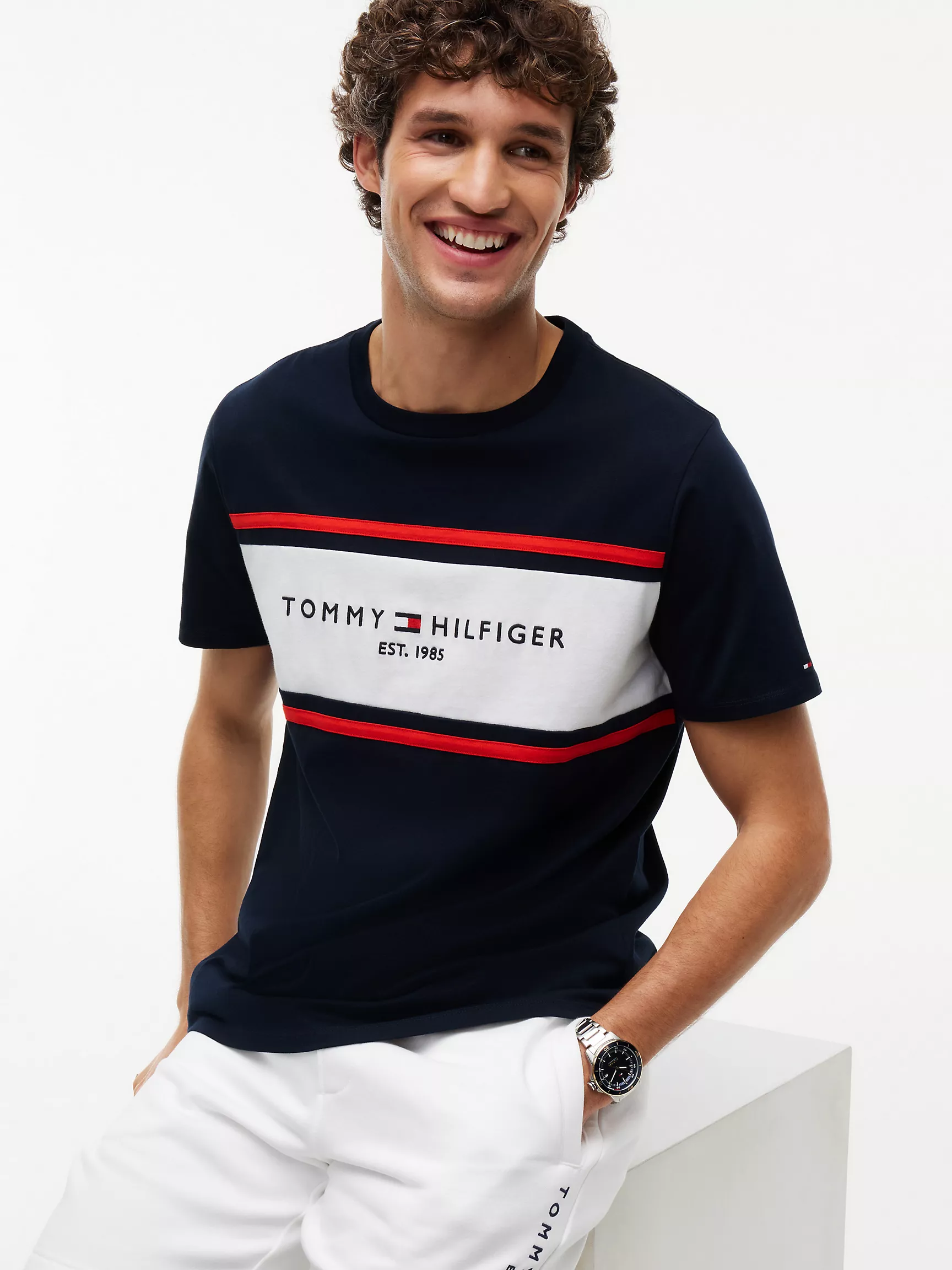 Hilfiger Block Stripe Logo T-Shirt-Navy - Image 2