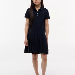Kids' Pleated Stretch Polo Dress-Navy
