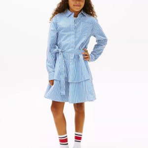 Kids' Stripe Tiered Poplin Shirtdress-Vibrant Indigo