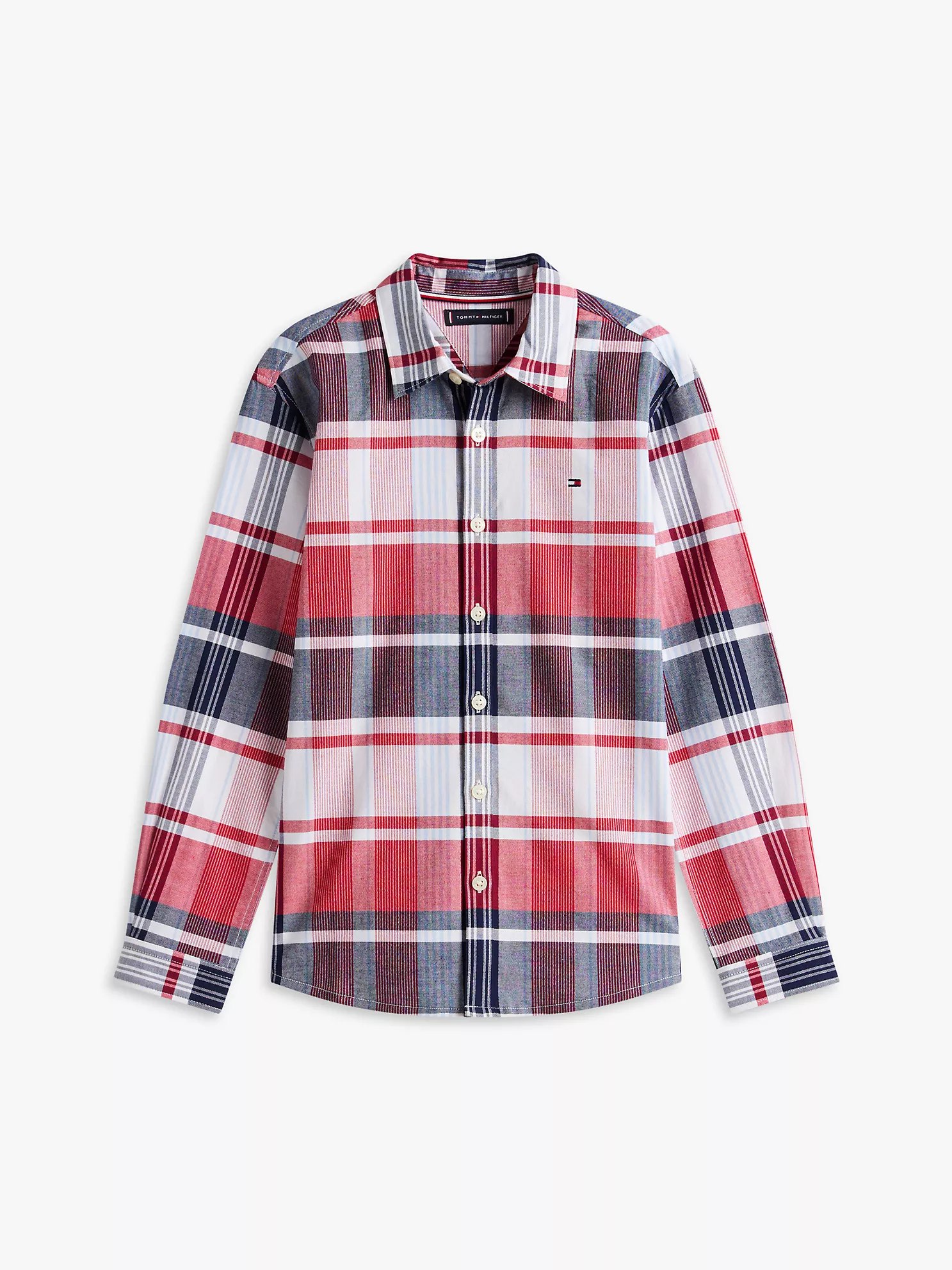 Kids' Plaid Stretch Oxford Shirt-Primary Red - Image 3