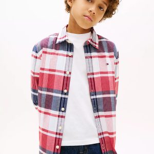 Kids' Plaid Stretch Oxford Shirt-Primary Red
