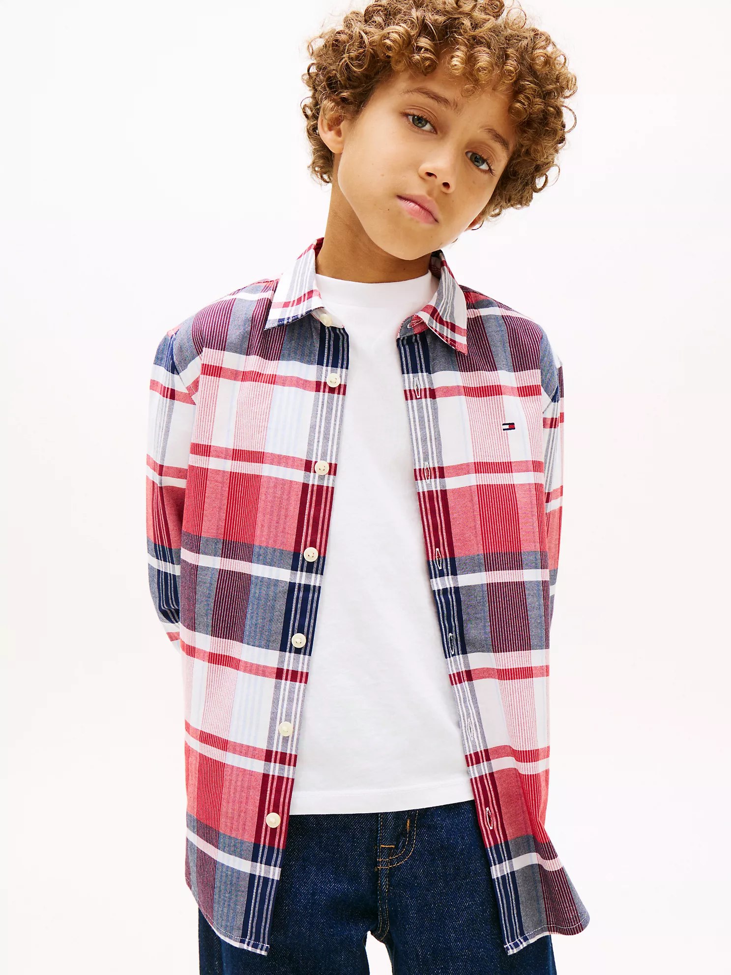 Kids' Plaid Stretch Oxford Shirt-Primary Red