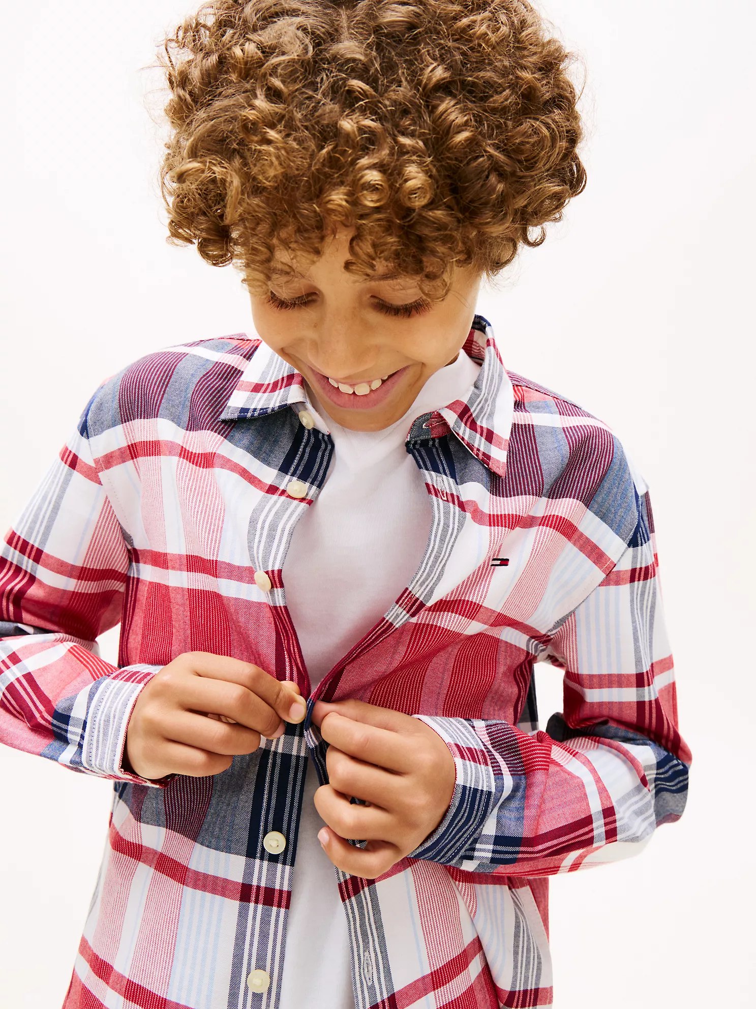 Kids' Plaid Stretch Oxford Shirt-Primary Red - Image 4