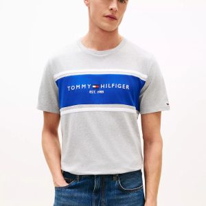 Hilfiger Block Stripe Logo T-Shirt-Grey Heather