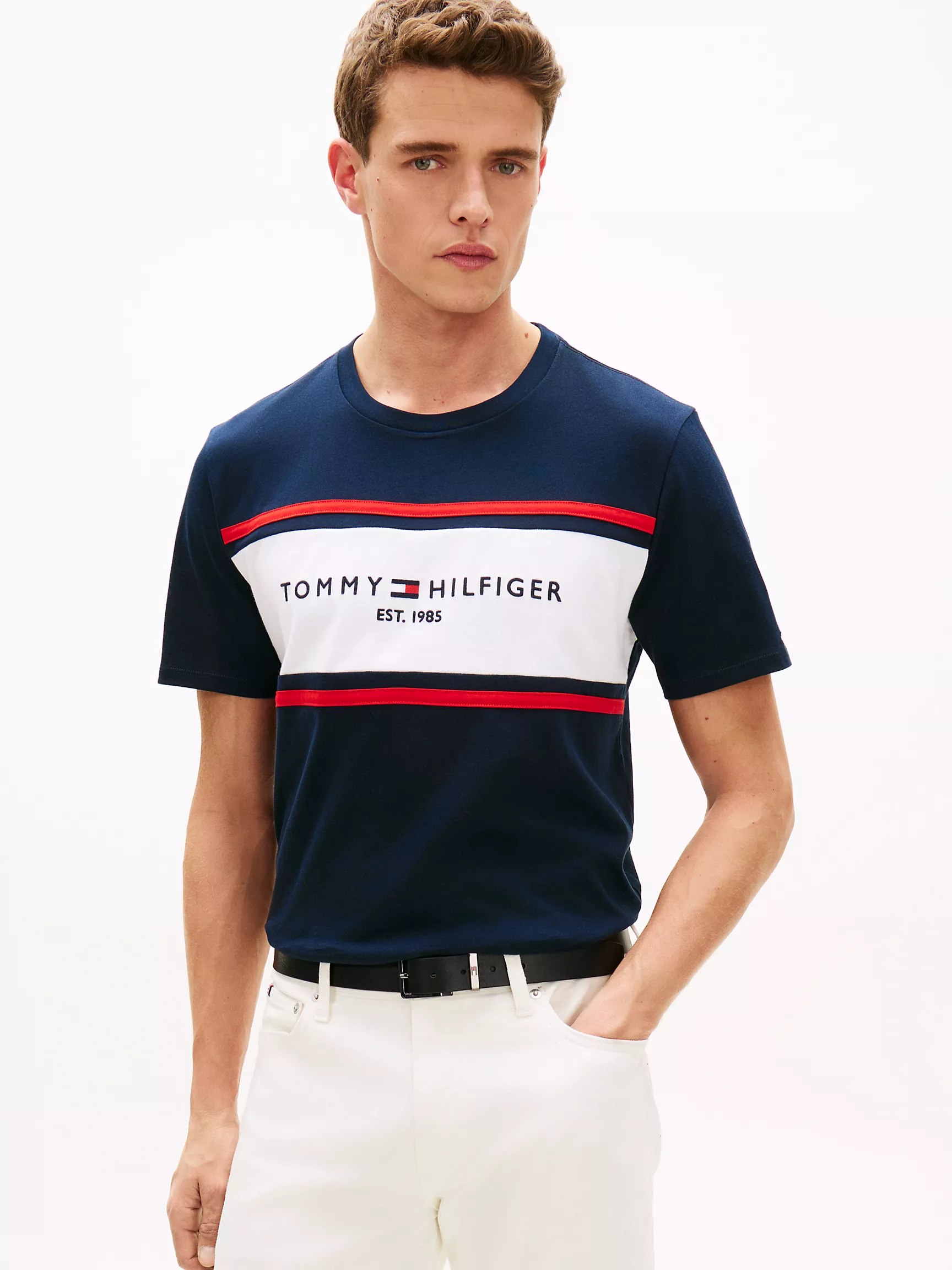 Hilfiger Block Stripe Logo T-Shirt-Navy