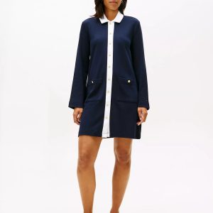 Mod Gold-Button Interlock Shirtdress-Navy