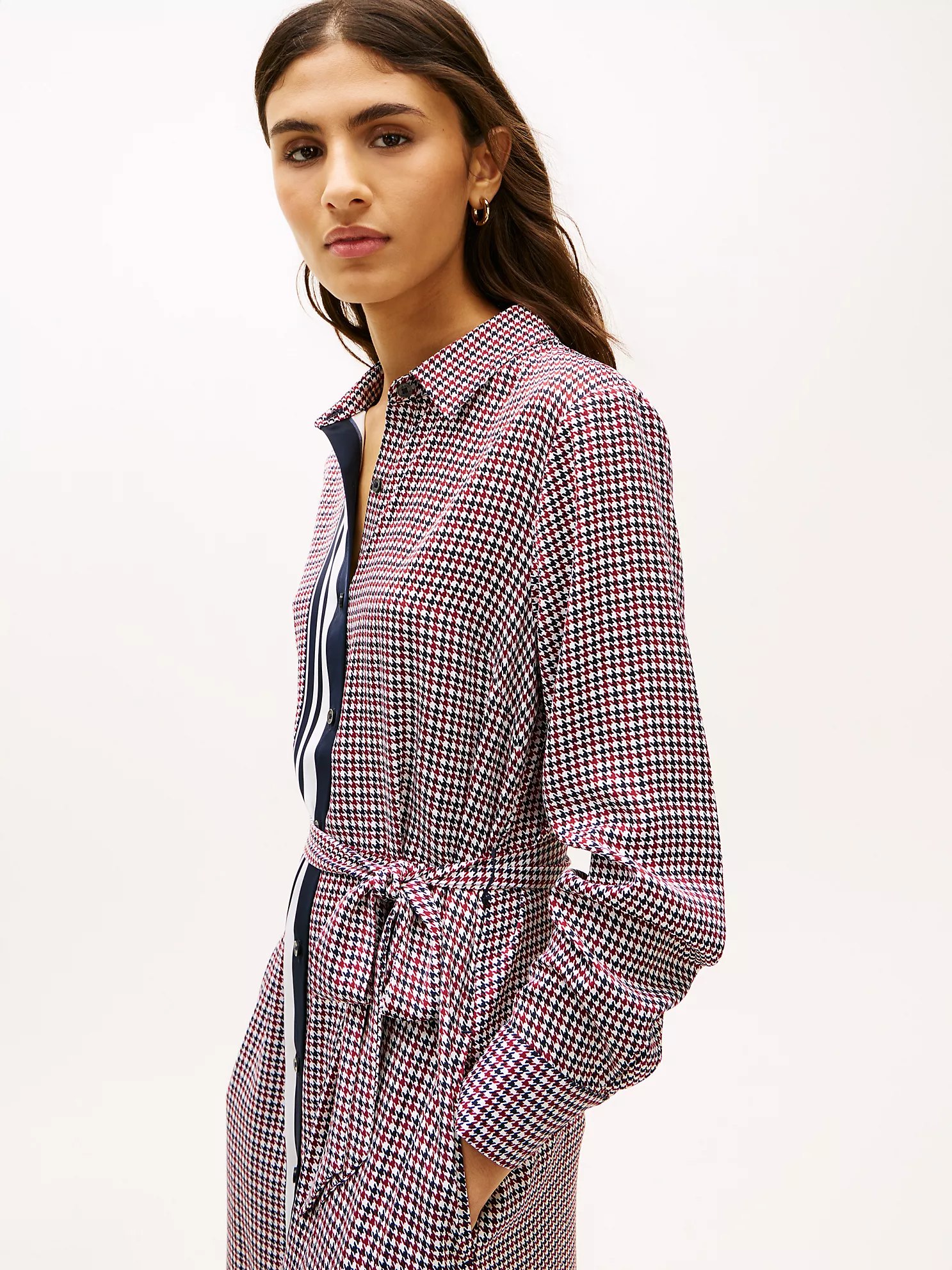 Houndstooth Belted Shirtdress-Navy - Image 5