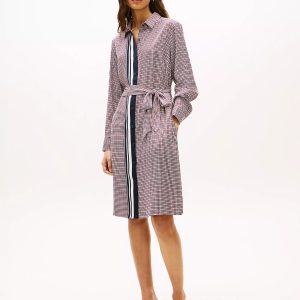 Houndstooth Belted Shirtdress-Navy