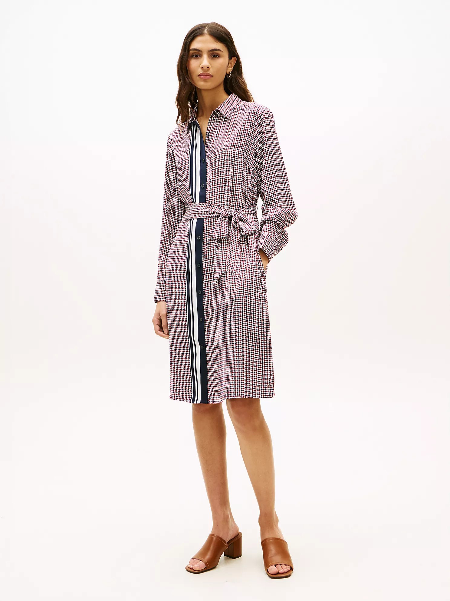 Houndstooth Belted Shirtdress-Navy