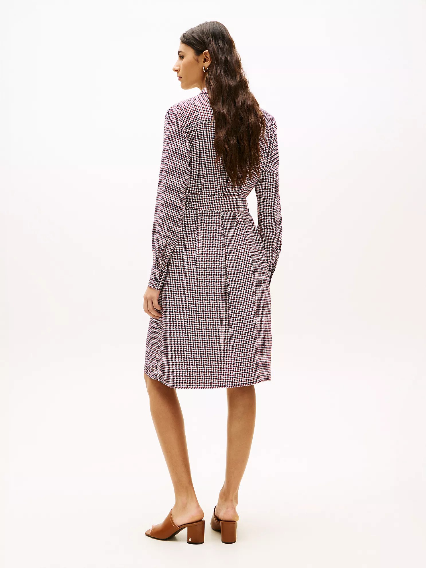 Houndstooth Belted Shirtdress-Navy - Image 3