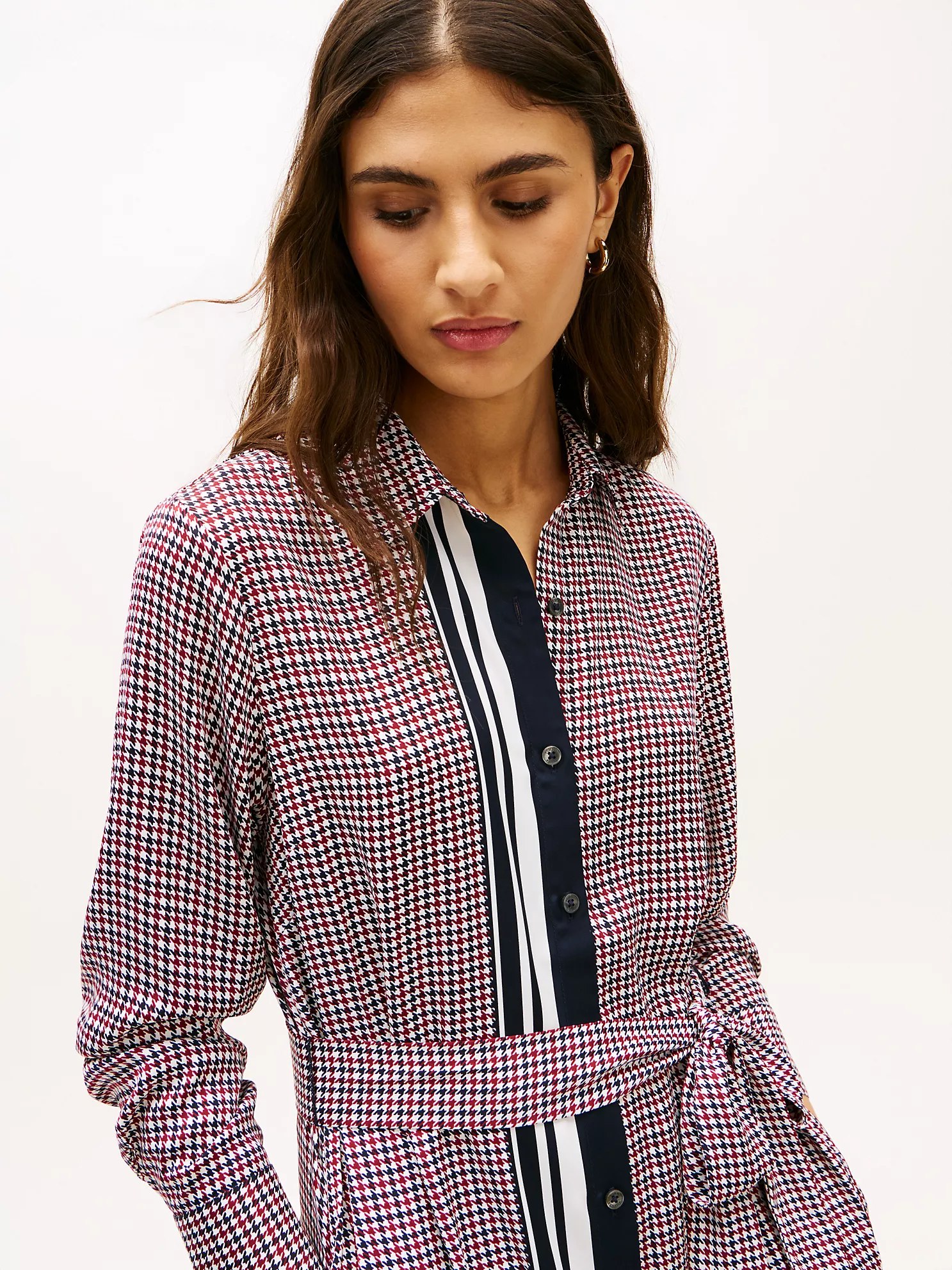 Houndstooth Belted Shirtdress-Navy - Image 2