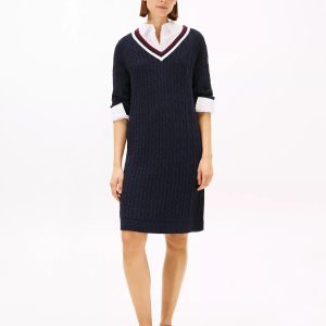 Varsity Stripe Cable Knit Sweater Dress-Navy