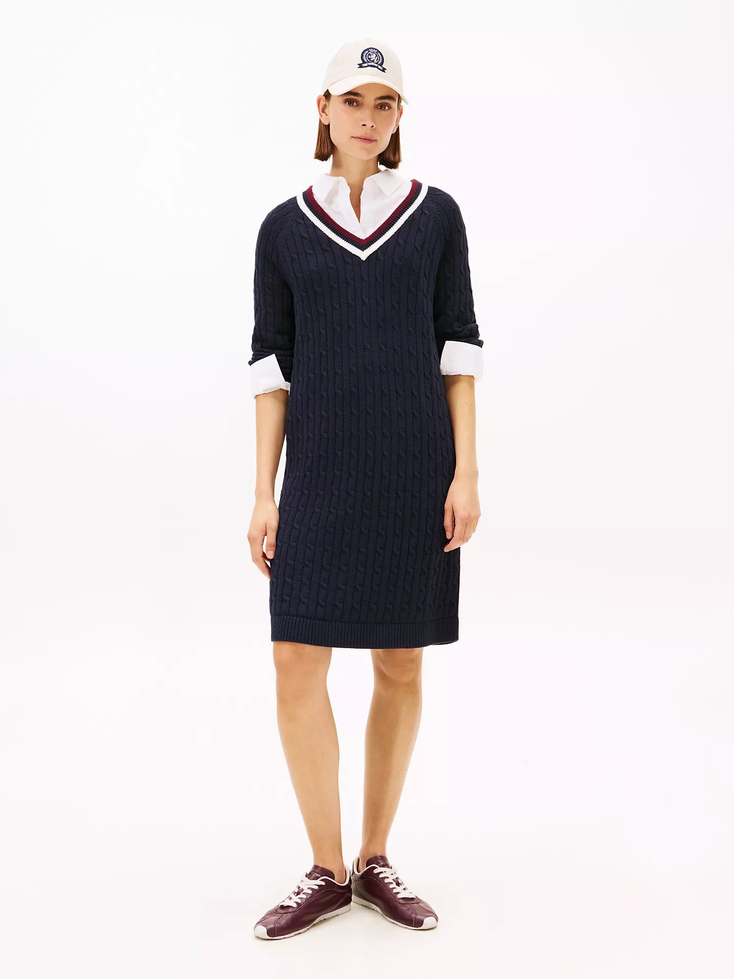 Varsity Stripe Cable Knit Sweater Dress-Navy