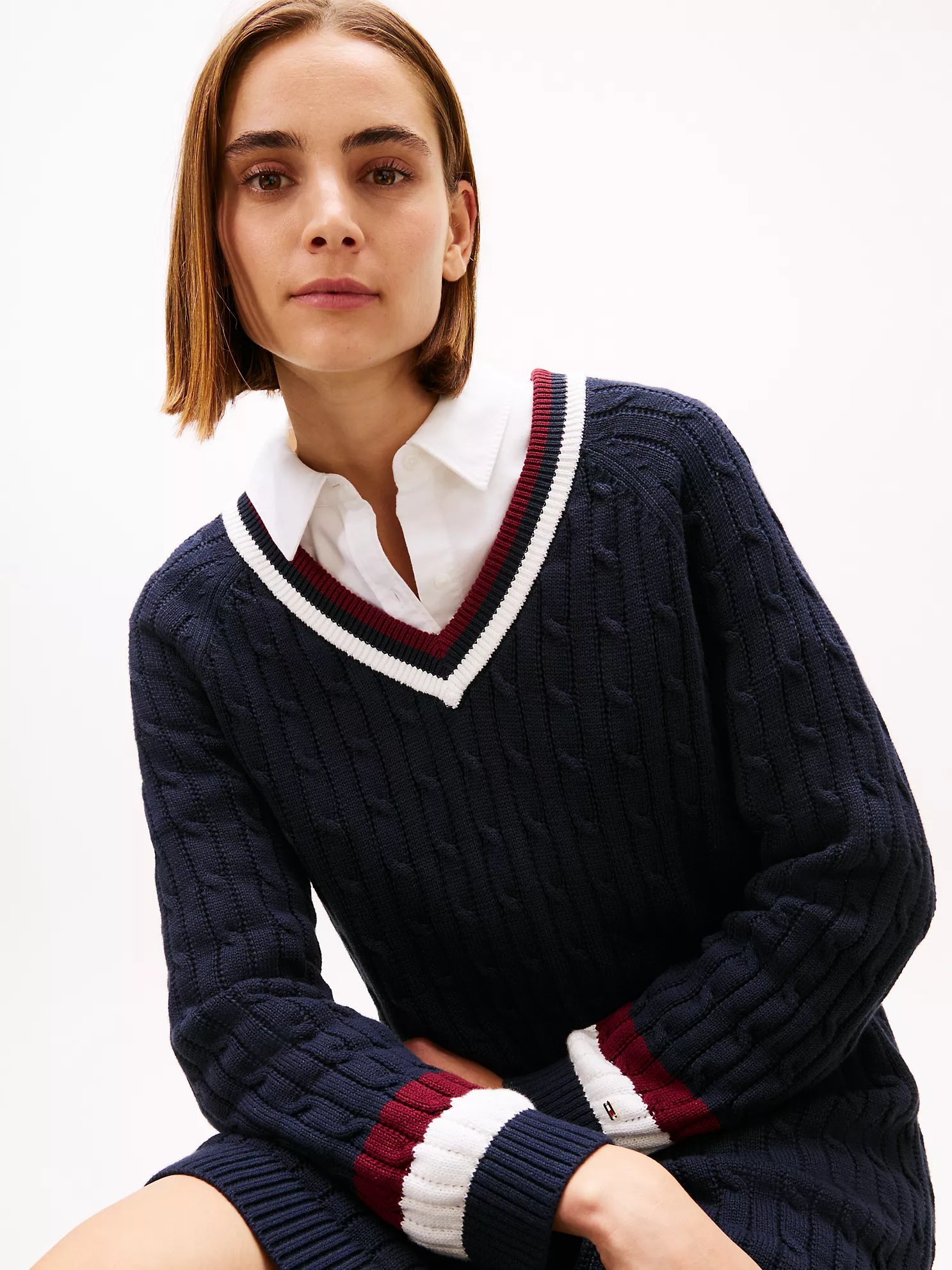 Varsity Stripe Cable Knit Sweater Dress-Navy - Image 4