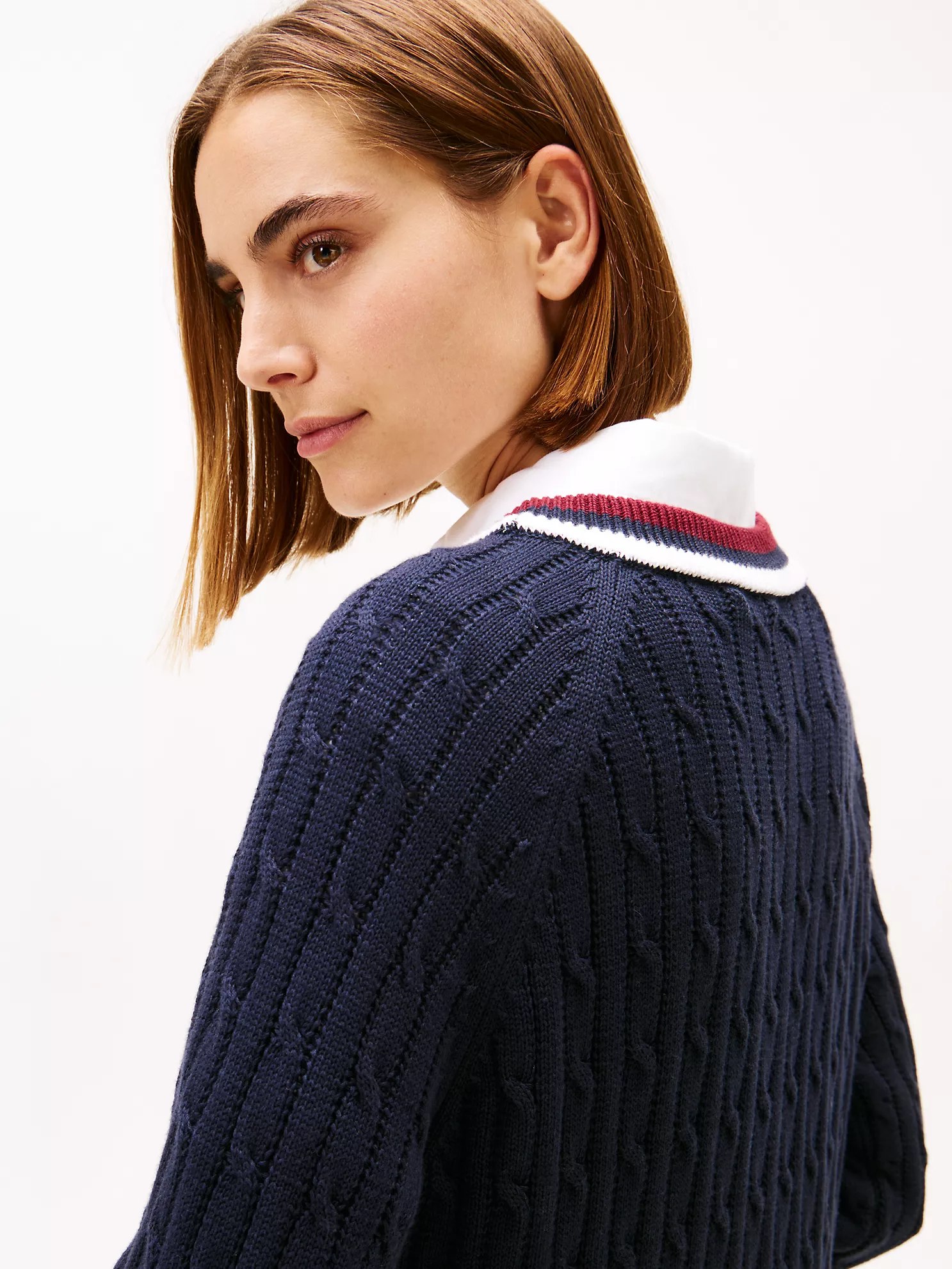 Varsity Stripe Cable Knit Sweater Dress-Navy - Image 5