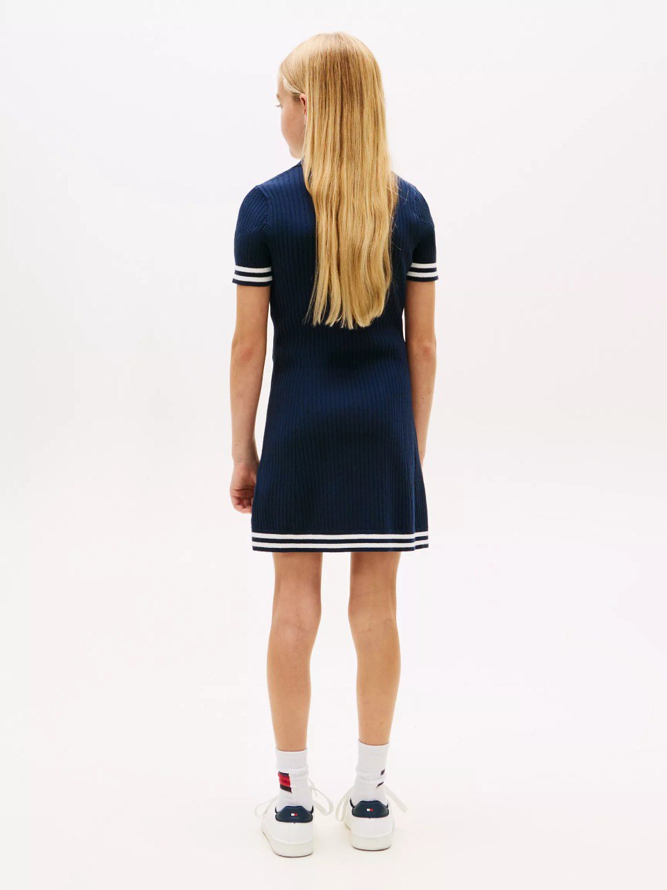 Kids' Striped Sweater Polo Dress-Dark Night Navy - Image 2
