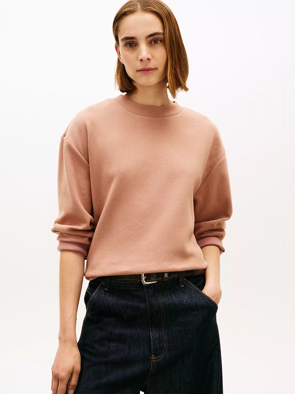 Gold-Button Interlock Sweatshirt-Tawny Rose