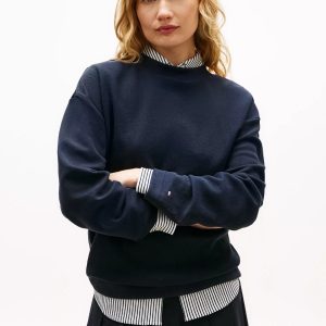 Gold-Button Interlock Sweatshirt-Navy