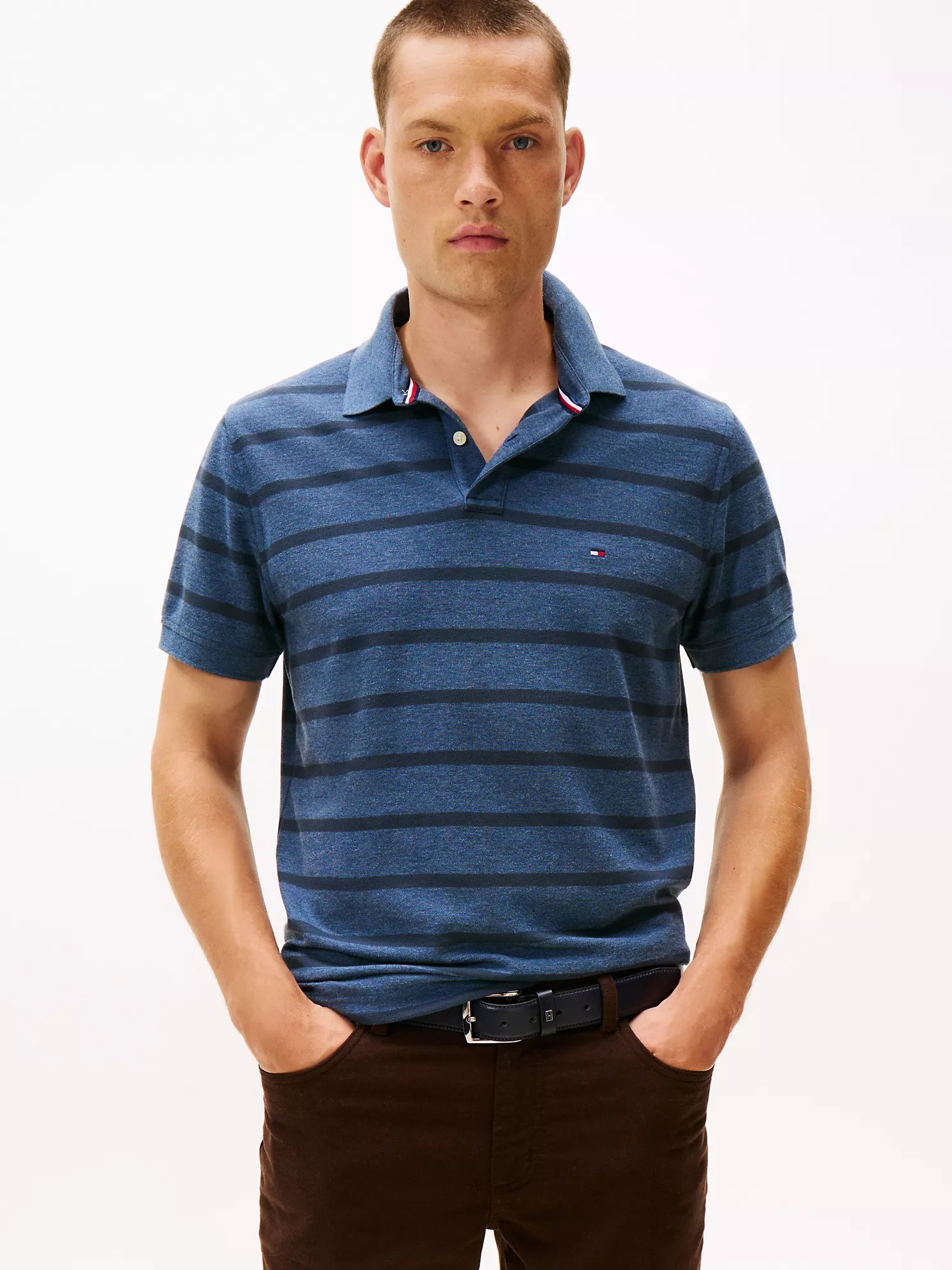 Regular Fit Stripe Wicking Polo-Blue Heather