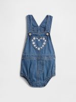 Baby Embroidered Denim Shortalls-Medium Indigo Heart Floral