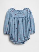 Baby Denim Romper-Medium Indigo Strawberries