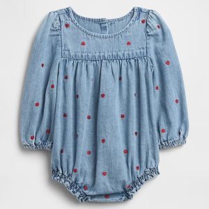 Baby Denim Romper-Medium Indigo Strawberries