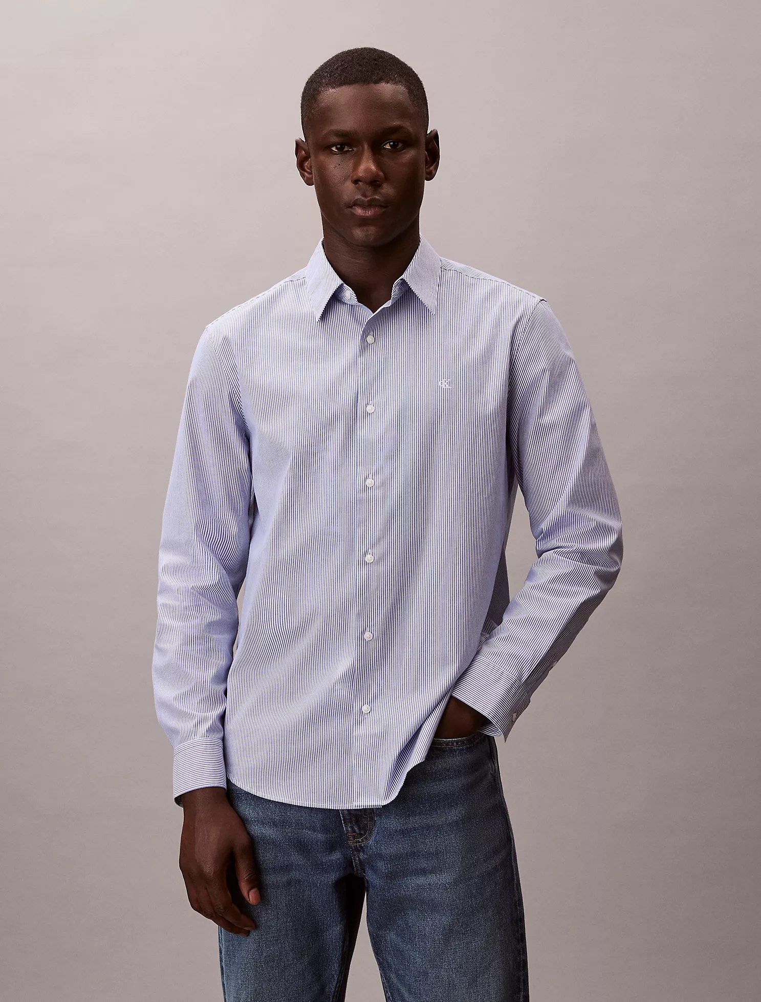 Cotton Stretch Stripe Classic Button-Down Shirt-Beaucoup Blue