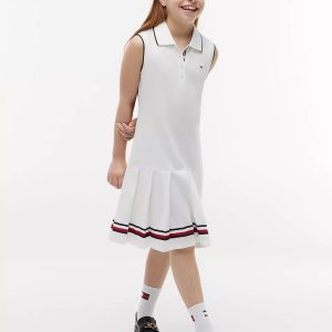 Kids' Sleeveless Pleated Polo Dress-Optic White